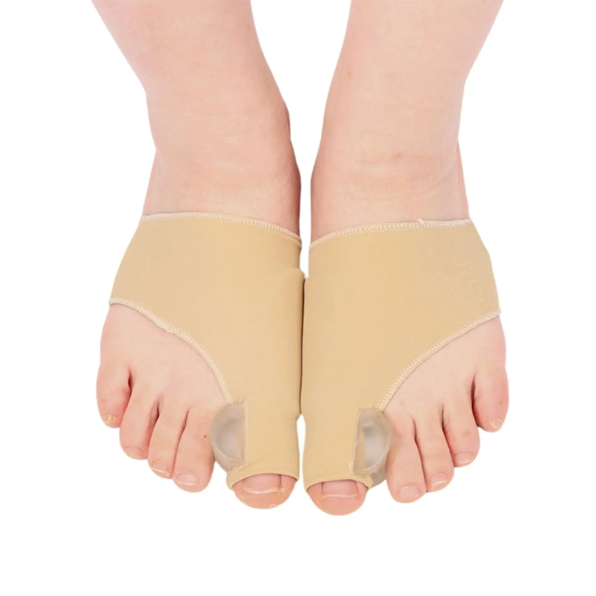 Voria ToeFix beige pair worn with gel spacers between big and second toes