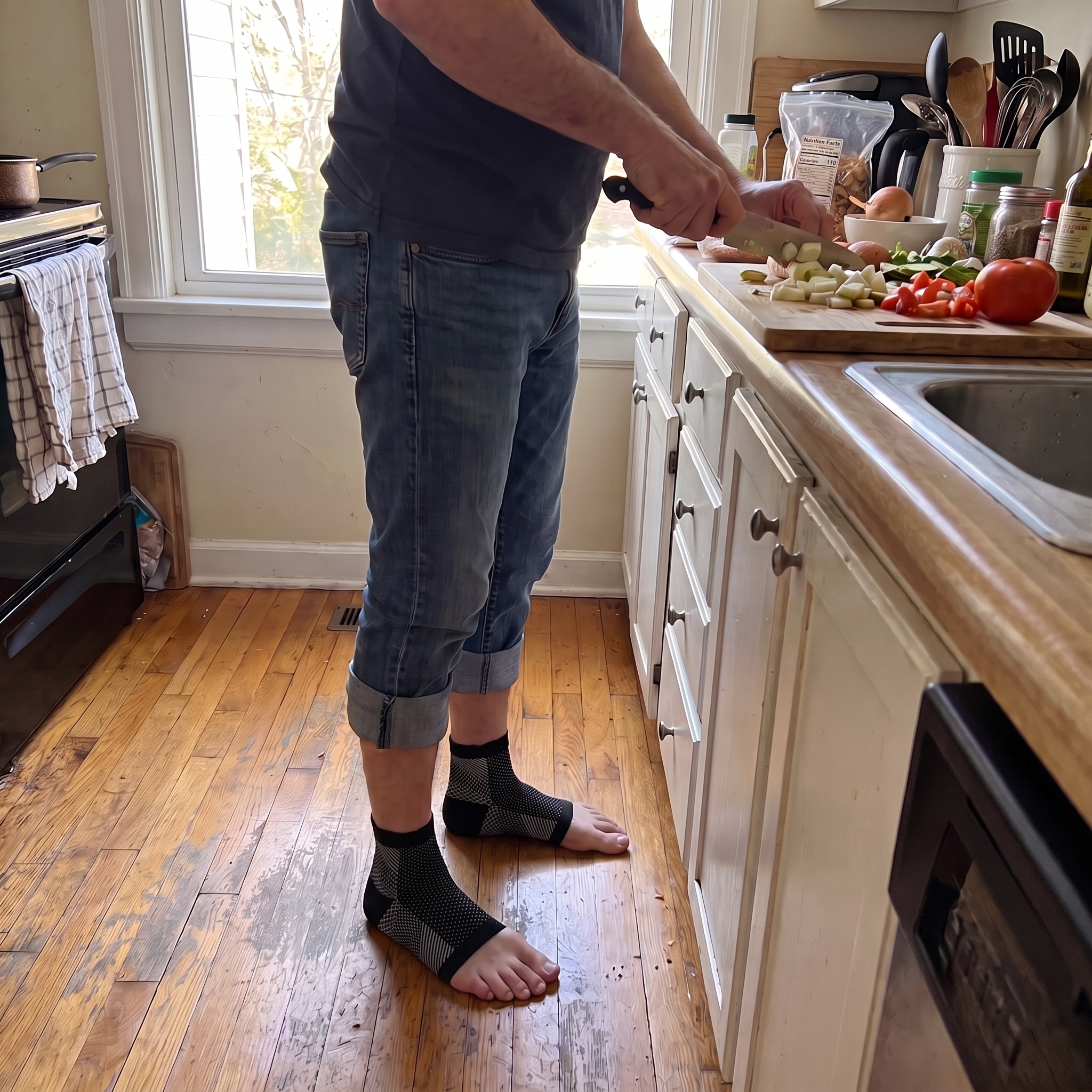 Standing in exact-pattern open-toe Voria SoleSupport ankle sleeves