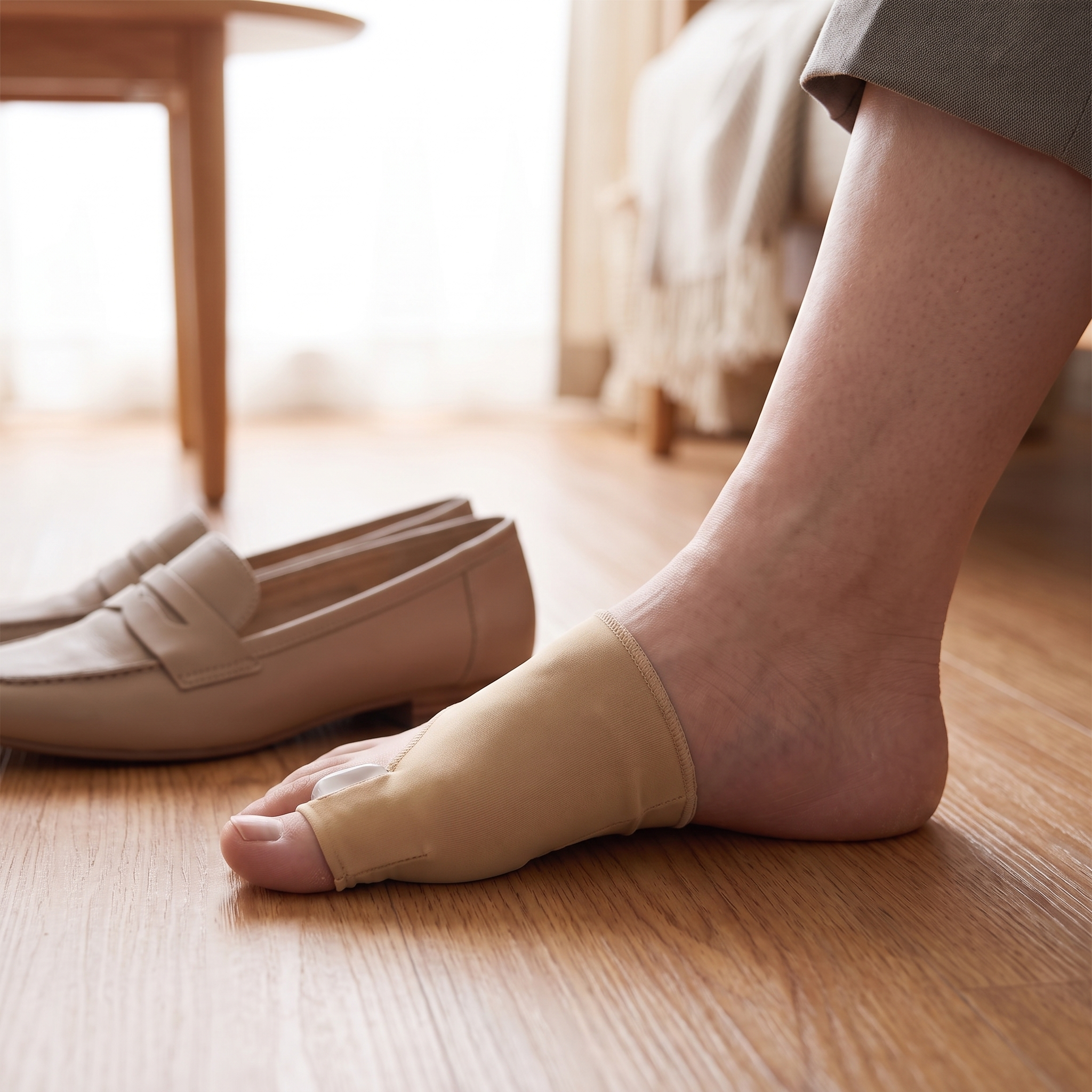 Warm beige Voria ToeFix cushioning the big-toe joint beside work loafers