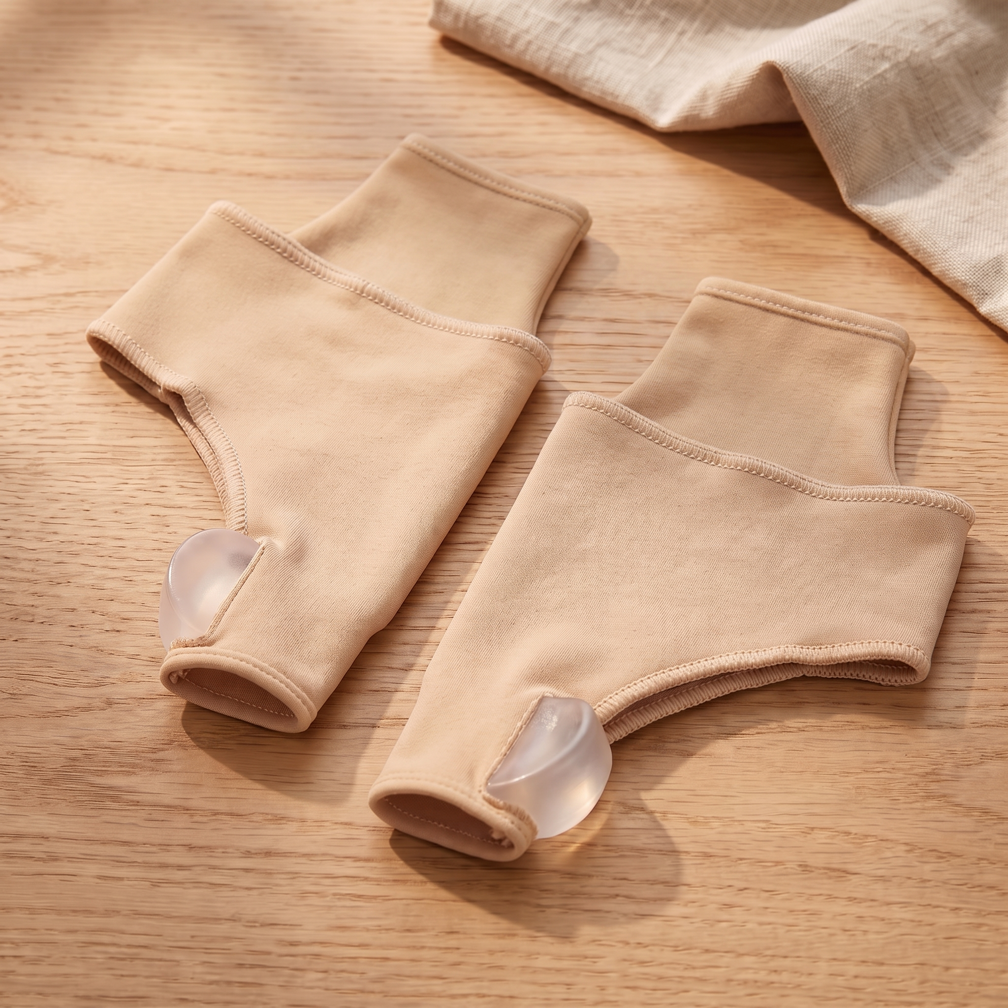 Pair of warm beige Voria ToeFix sleeves with clear gel spacers lying flat